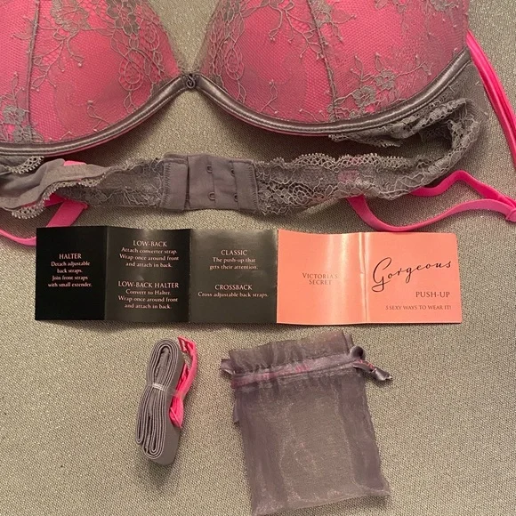 Victoria Secret Pink and Gray Lace Push-Up Convertible Bra Set NW/OT